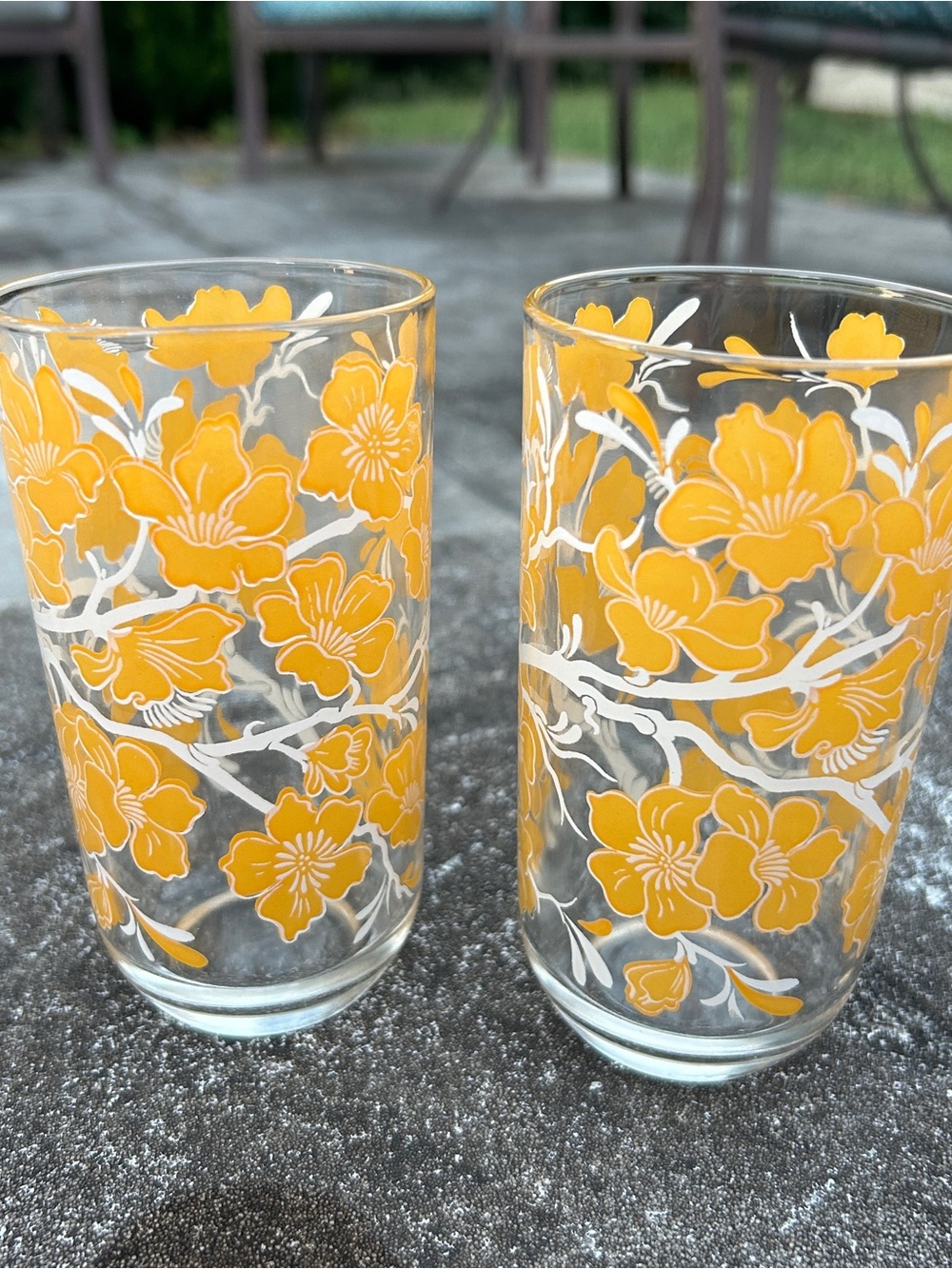 Vintage MCM Libbey Floral Tumbler Glasses Yellow Orange Flower Set of 2 Retro